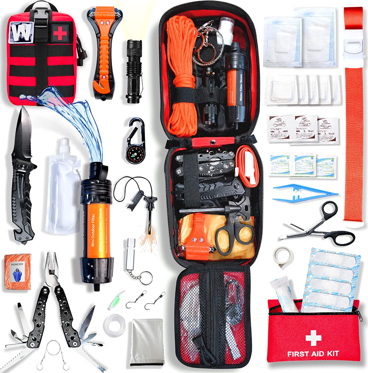 TRSCIND Erste Hilfe Set, First Aid Kit, Survival Notfall Ausrüstung  Verbandskasten mit Taschenlampe Feuerstahl und Rettungsdecke  Überlebenspaket für Outdoor Camping 130-teilig : : Sport & Freizeit