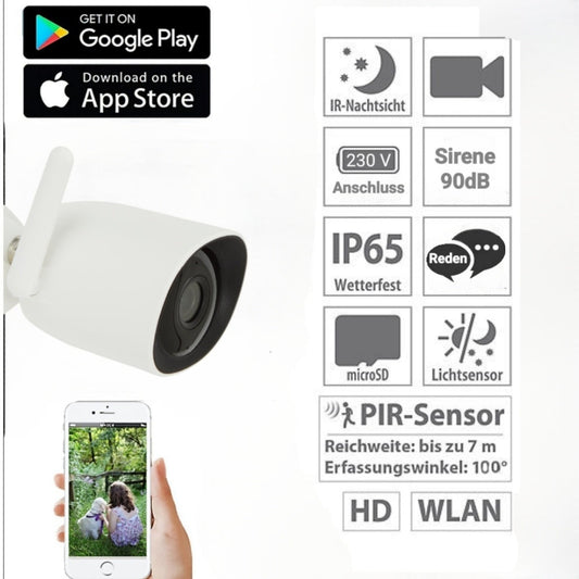 Außenbereich Überwachungskamera Nachtsicht + 95dB Sirene, WLAN Kamera mit kostenloser App IP 65 - witterungsbeständig.  Version Gebührenfrei