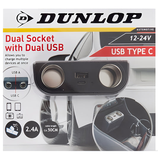 Dunlop Duo Autosteckdose Doppelstecker 1 x USB & 1 x USB C Anschluss 12-24V 2.4A Zigarettenanzünder