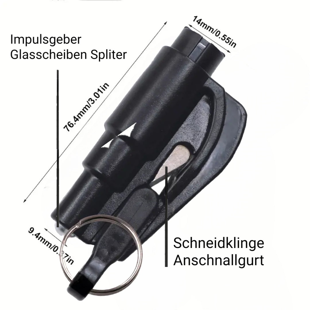 Auto 2in1 Rettungstool für Unfälle zum Selbstretten und Helfen, Glashammer & Anschnallgurt Gurtmesser Gurtschneider mit integrierten Schlüssel Ring + Montageplatte