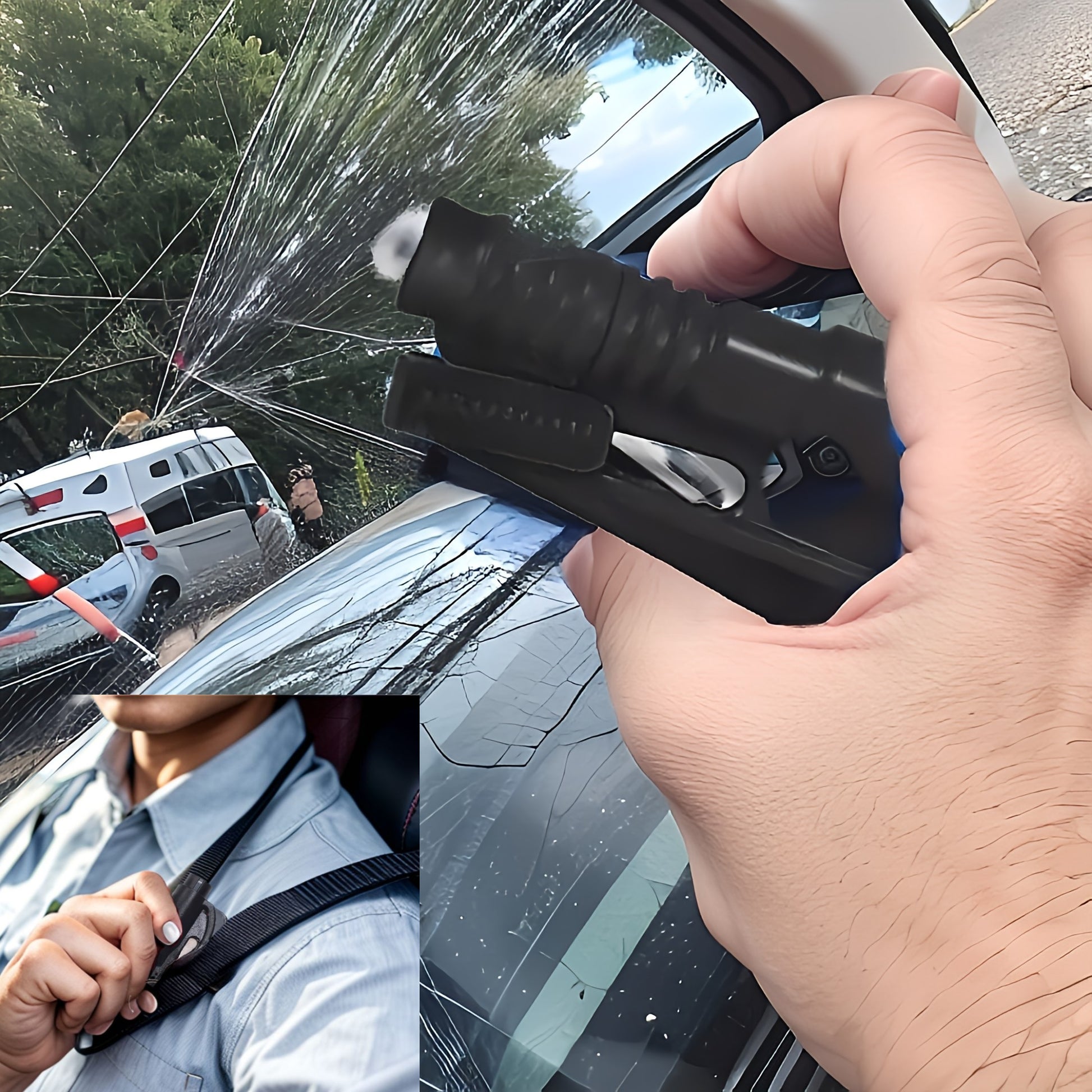 Auto 2in1 Rettungstool für Unfälle zum Selbstretten und Helfen, Glashammer & Anschnallgurt Gurtmesser Gurtschneider mit integrierten Schlüssel Ring + Montageplatte