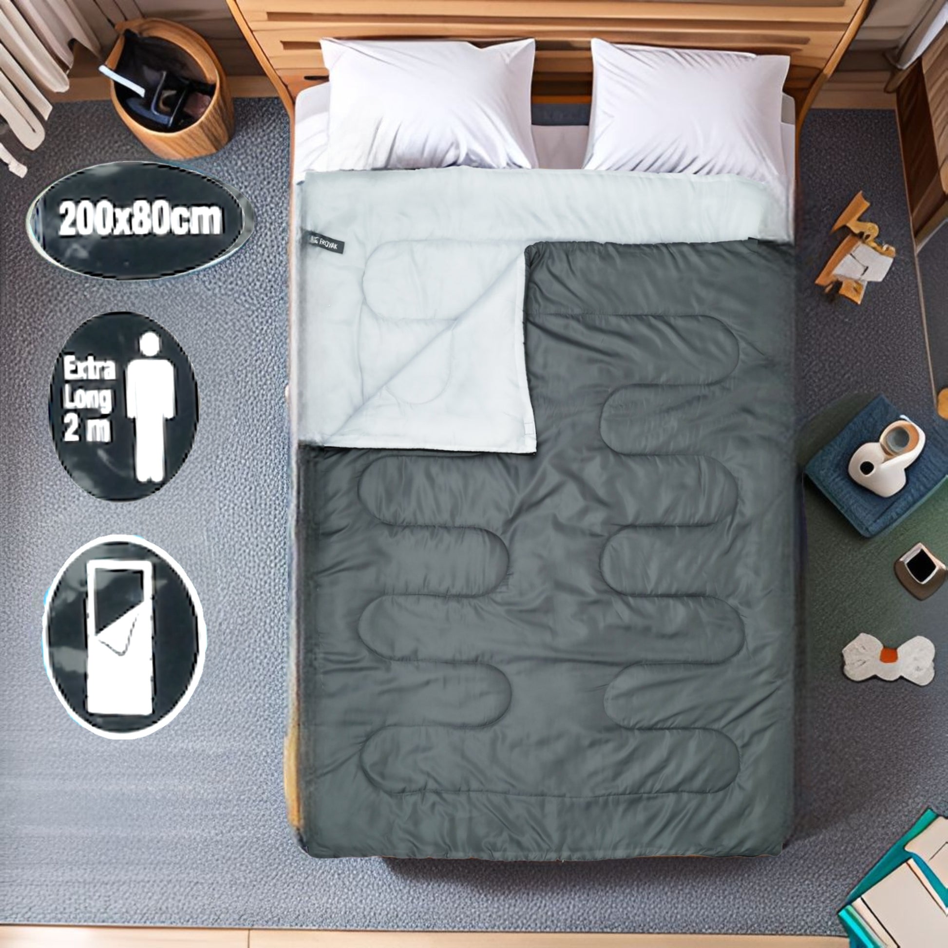 Bettdecke 2.0 für Heizungsausfall, Daunen Schlafsack für 2 Personen bis - 8° strapazierfähig, waschmaschinenfest