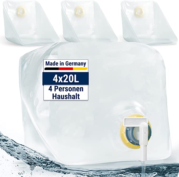 4X 20L Wasserkanister Faltbar inkl. 4X auslaufsicherer Dosierhahn - Blackout Notfallausrüstung - Trinkwasserkanister Made in Germany - Notfall Ausrüstung - Selbstschutz-Deutschland 